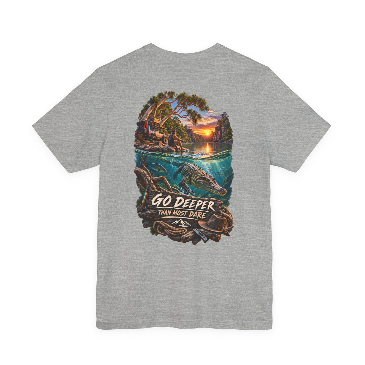 Go Deeper Dolphin Beach Tee — Nautical Sunset Ocean Graphic T‑Shirt