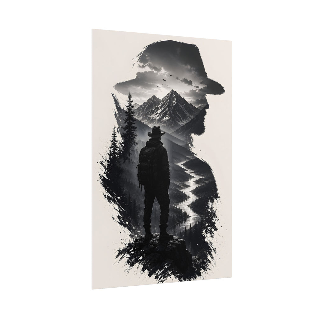 Adventure Silhouette Poster — Hiker, Mountains & River Rolled Wall Art