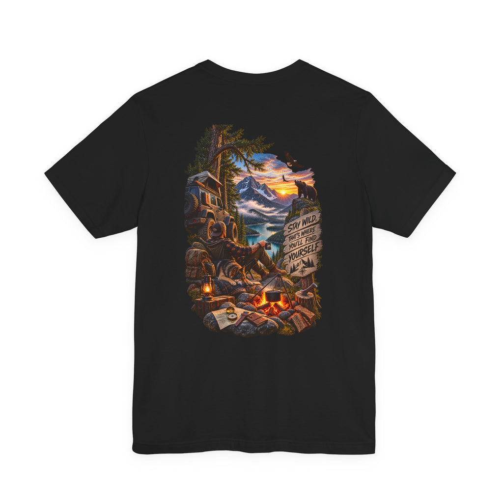 Camping Scene Backprint Tee — 'Stay Wild' Mountain Campfire Graphic T‑Shirt