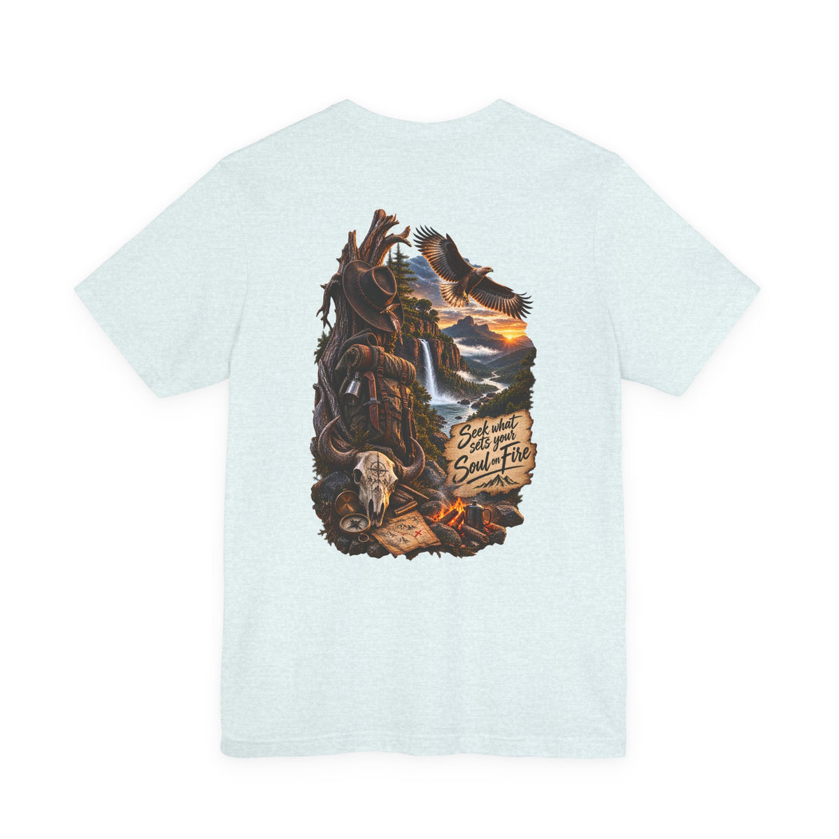 Western Wilderness T‑Shirt — “Seek the Sun, Find the Fire” Scenic Eagle & Skull Tee