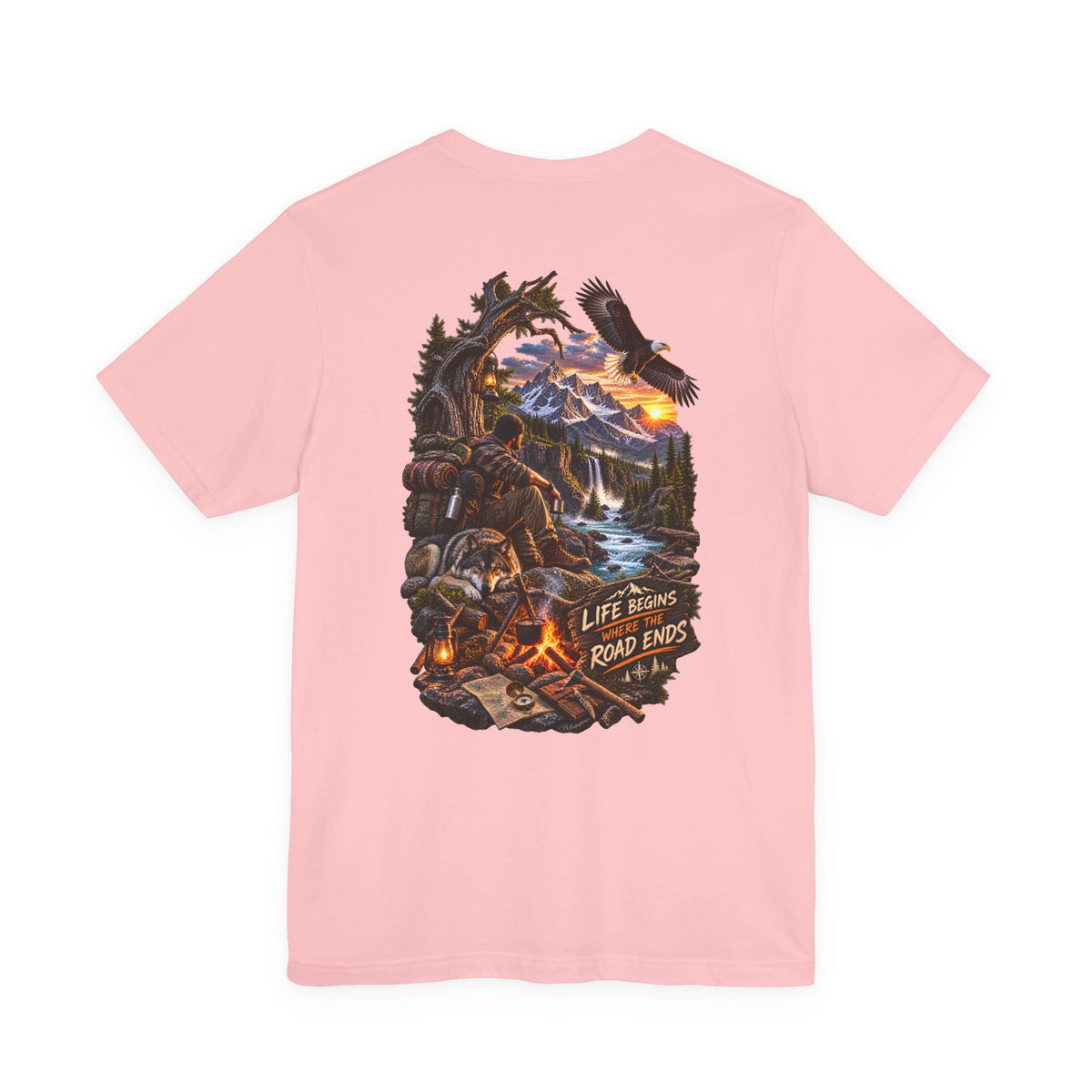 Adventure Campfire Tee — Life Begins Where the Road Ends Graphic T-Shirt