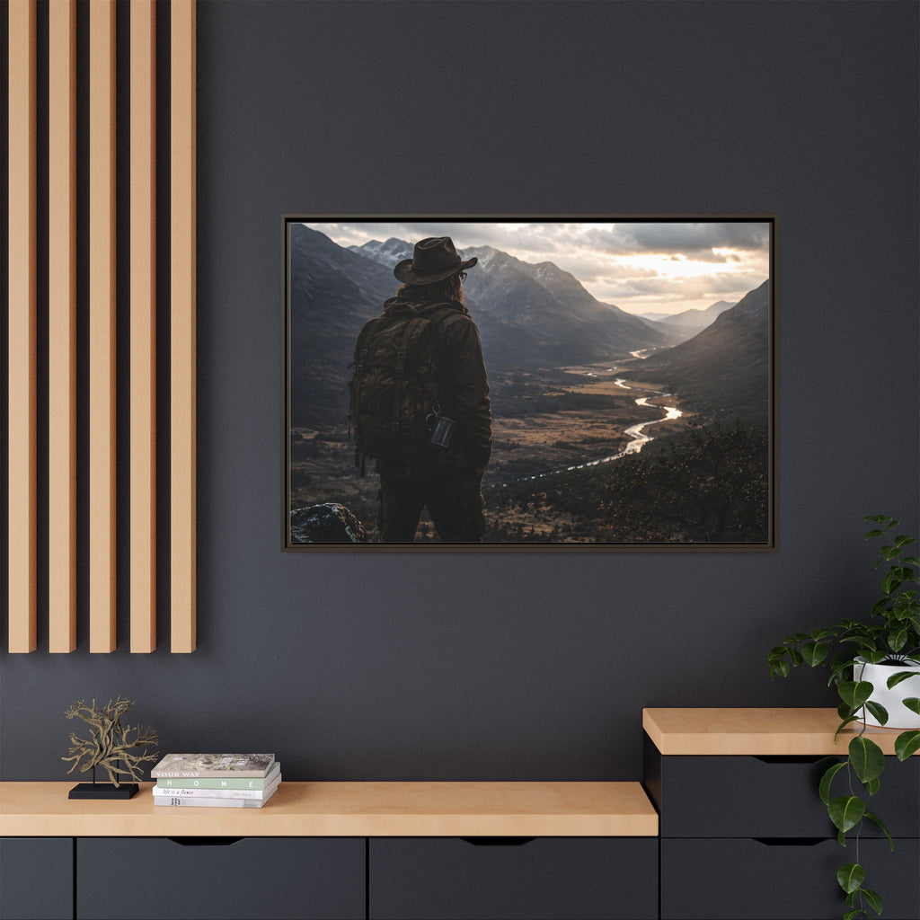 Wanderer in the Valley Matte Framed Canvas – Adventure Landscape Wall Art