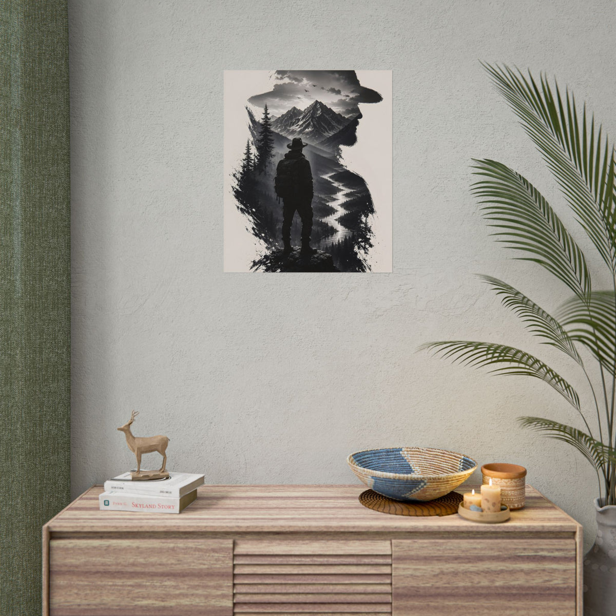 Adventure Silhouette Poster — Hiker, Mountains & River Rolled Wall Art