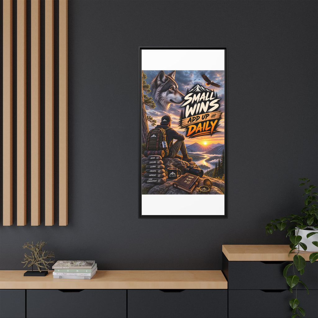 Small Wins Add Up Daily Framed Canvas Wall Art — Motivational Hiking Print