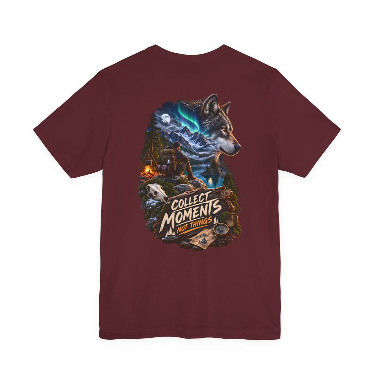 Wolf Graphic Tee – "Collect Moments Not Things" Adventure T-Shirt