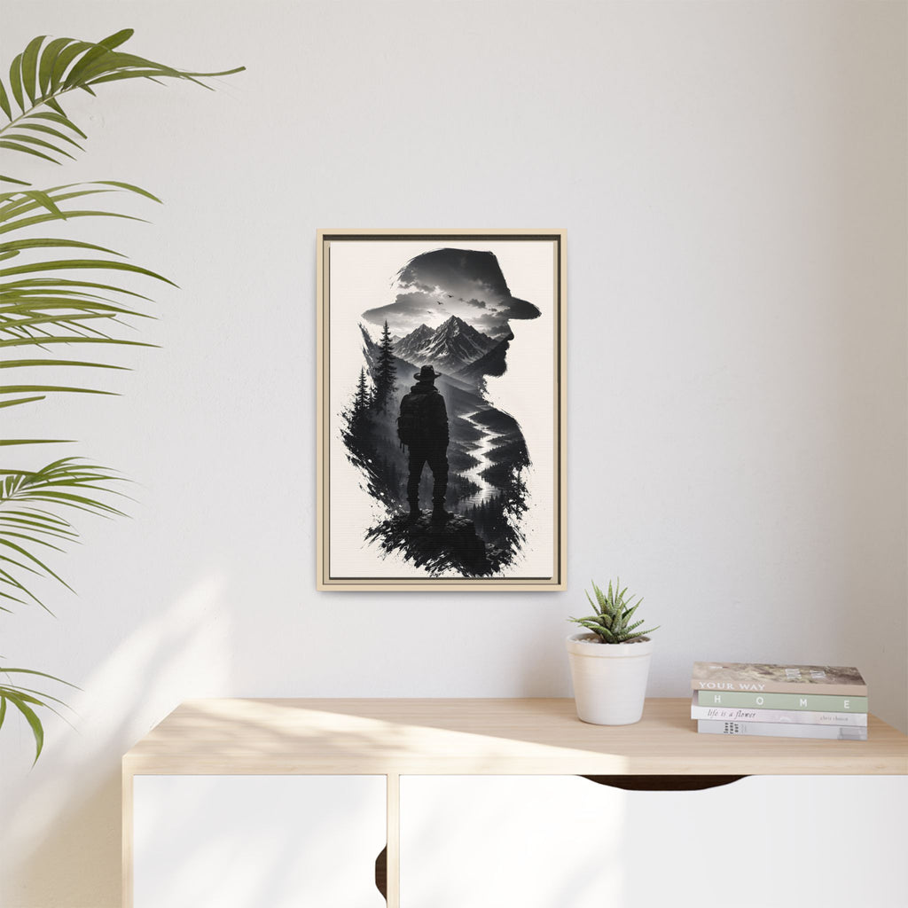 Adventure Silhouette Matte Canvas Framed Print — Mountain Hiker Double Exposure Wall Art