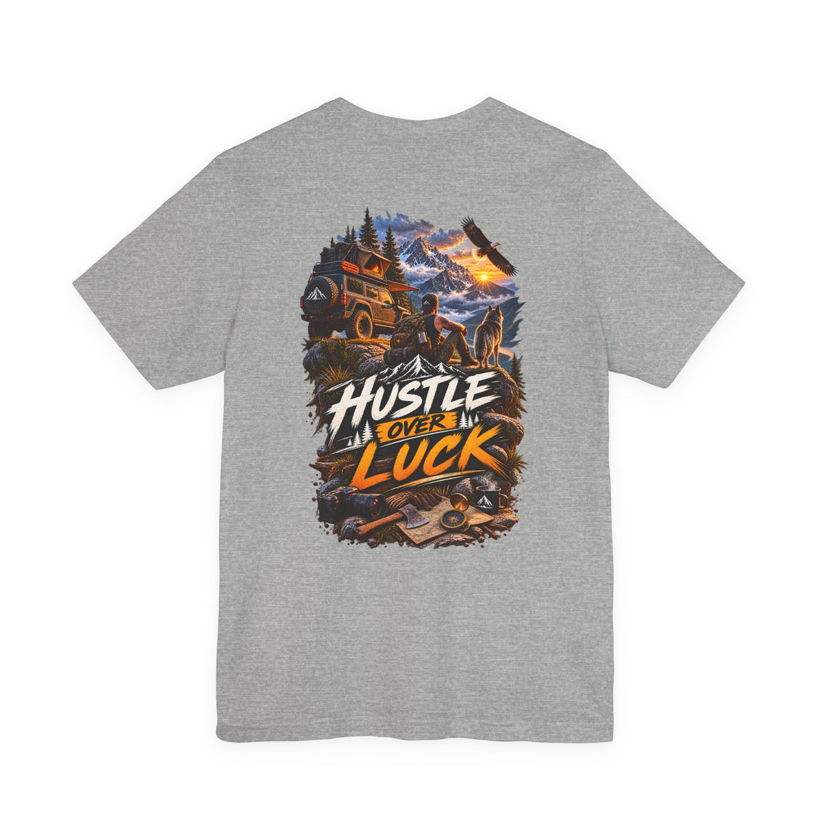 Hustle Over Luck Graphic Tee — Adventure Motivation Mountain T-Shirt