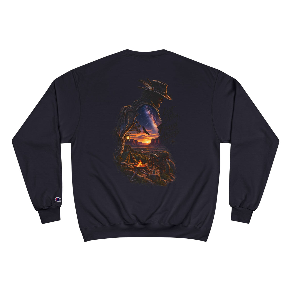 Adventure Champion Sweatshirt — 'Lost Often, Found Always' Mountain Graphic Crewneck