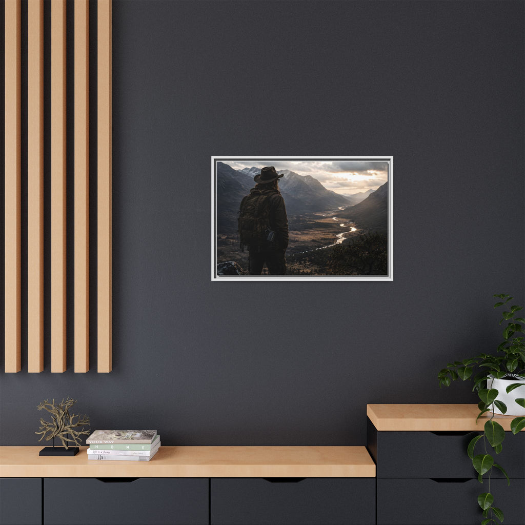 Wanderer in the Valley Matte Framed Canvas – Adventure Landscape Wall Art