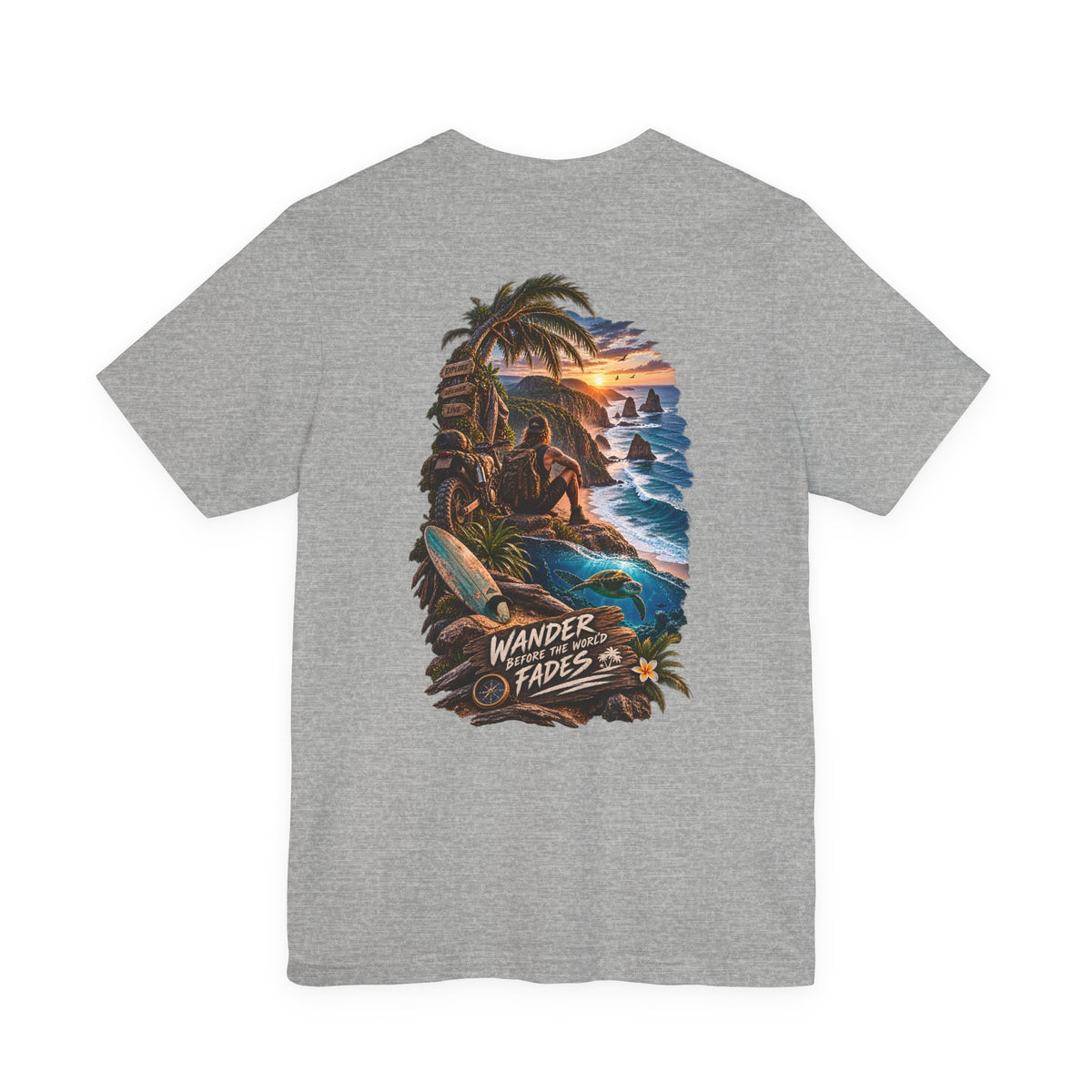 T-Shirt — "Wander Never Fades" Surf Sunset Graphic Tee