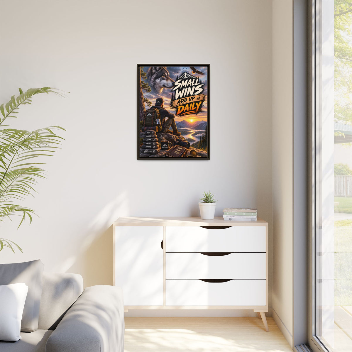 Small Wins Add Up Daily Framed Canvas Wall Art — Motivational Hiking Print