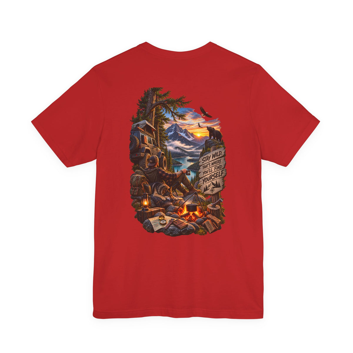 Camping Scene Backprint Tee — 'Stay Wild' Mountain Campfire Graphic T‑Shirt