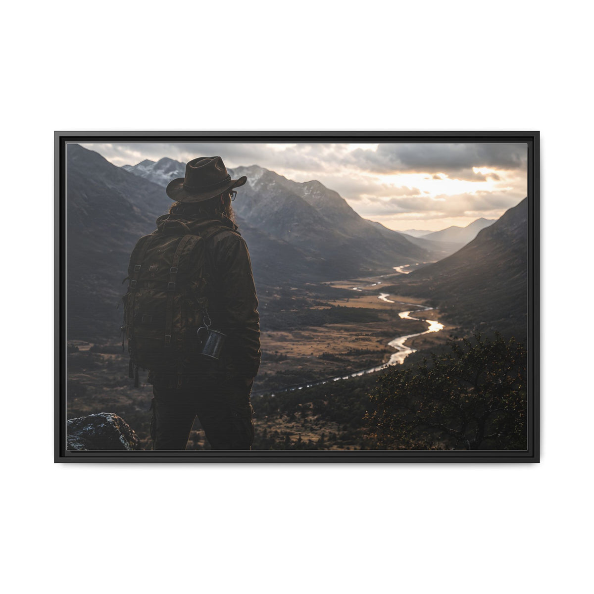 Wanderer in the Valley Matte Framed Canvas – Adventure Landscape Wall Art