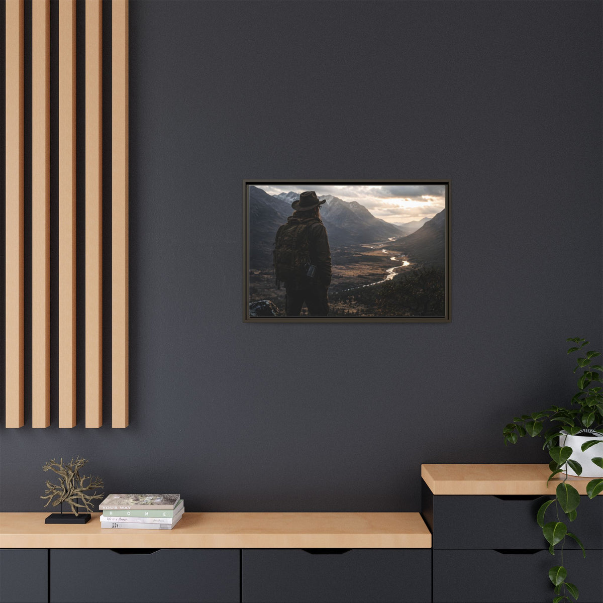 Wanderer in the Valley Matte Framed Canvas – Adventure Landscape Wall Art