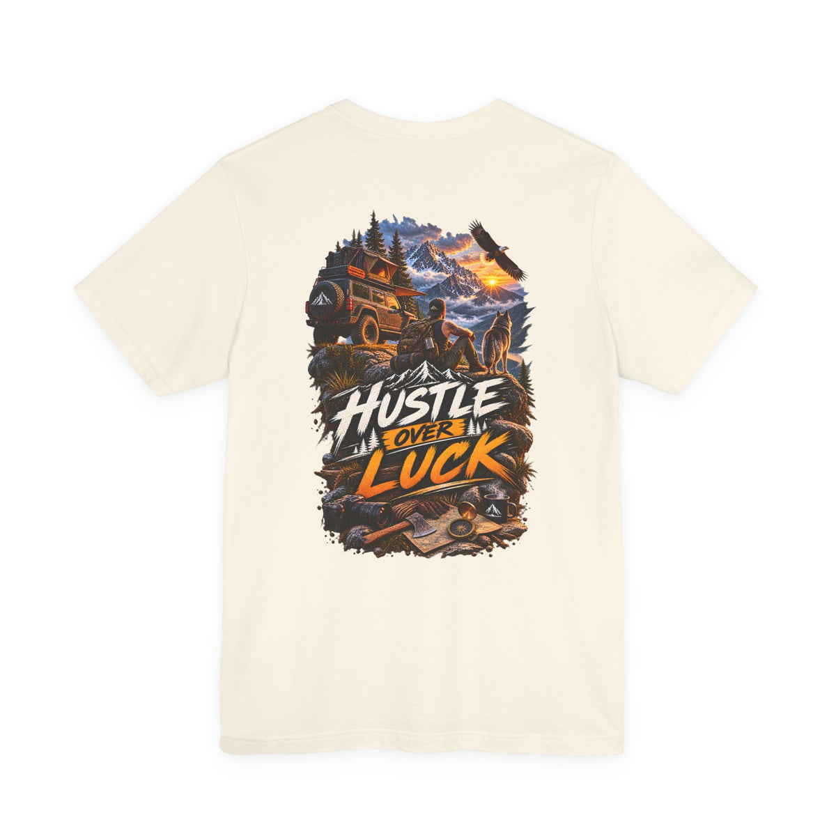 Hustle Over Luck Graphic Tee — Adventure Motivation Mountain T-Shirt