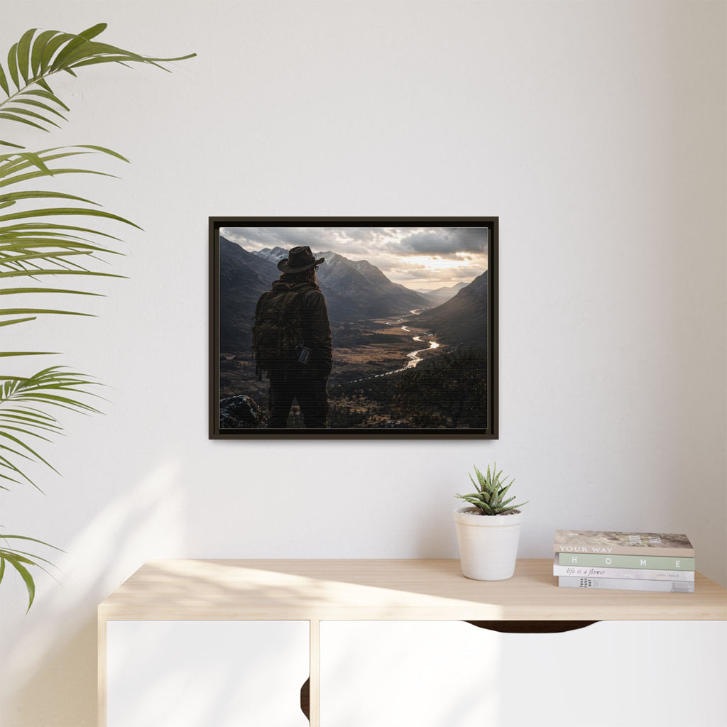 Wanderer in the Valley Matte Framed Canvas – Adventure Landscape Wall Art