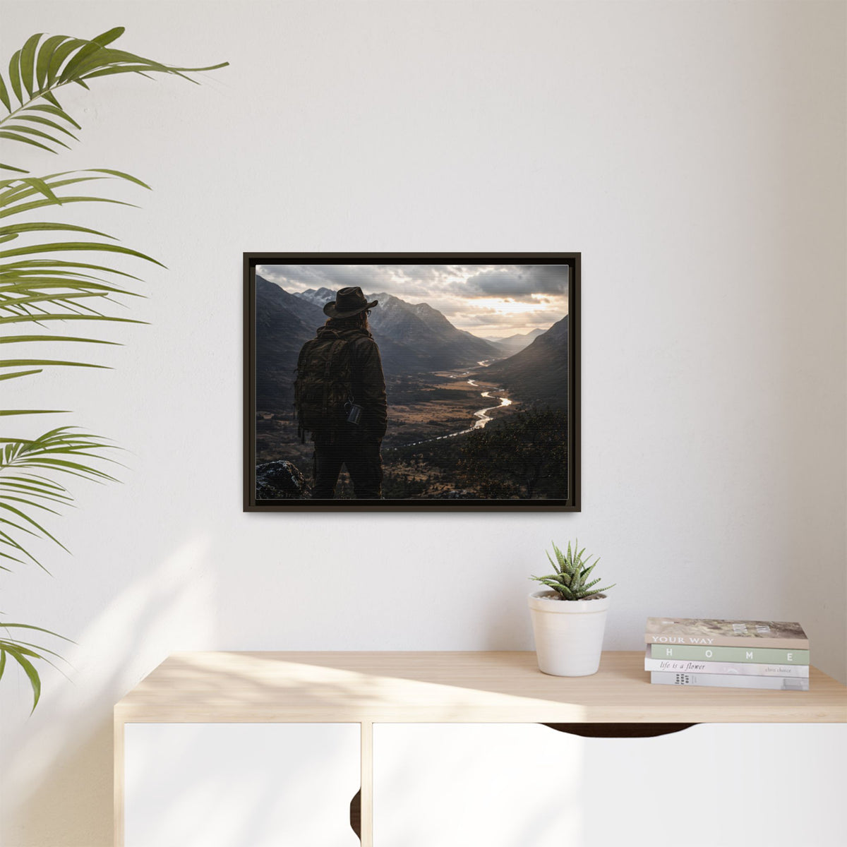 Wanderer in the Valley Matte Framed Canvas – Adventure Landscape Wall Art