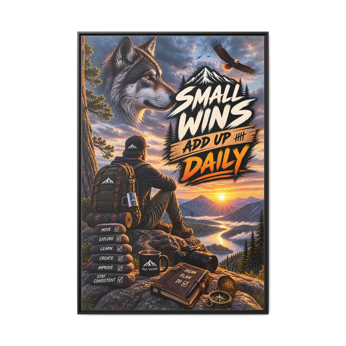 Small Wins Add Up Daily Framed Canvas Wall Art — Motivational Hiking Print
