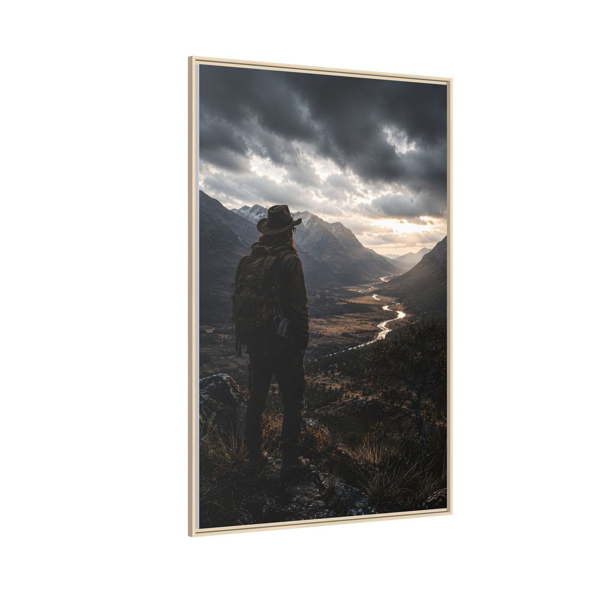 Wanderer in the Valley Matte Framed Canvas – Adventure Landscape Wall Art