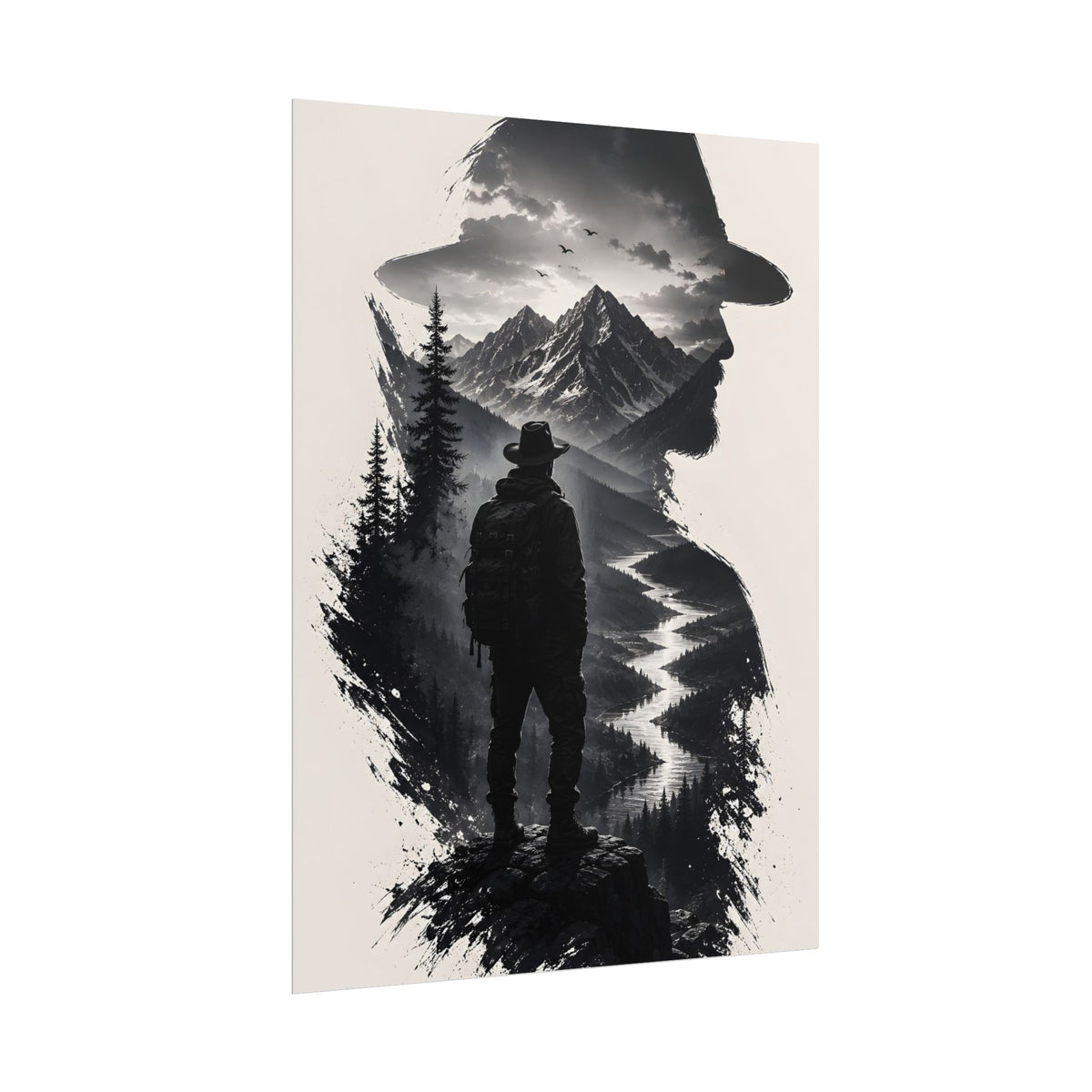 Adventure Silhouette Poster — Hiker, Mountains & River Rolled Wall Art