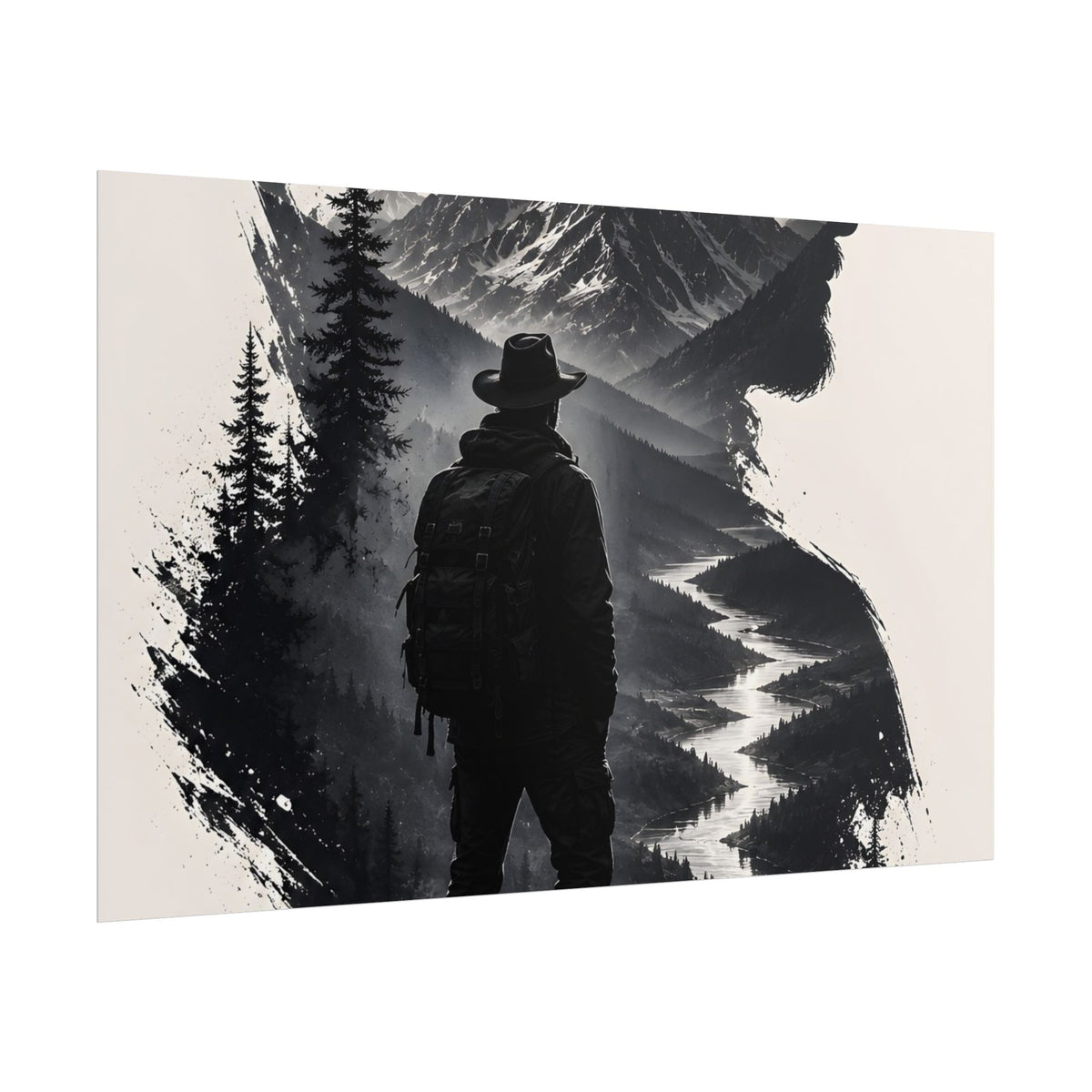 Adventure Silhouette Poster — Hiker, Mountains & River Rolled Wall Art