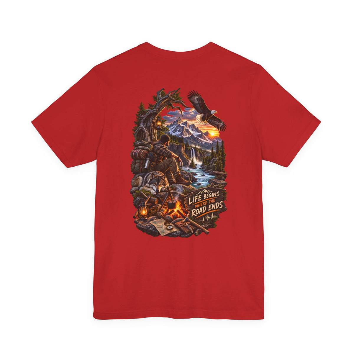 Adventure Campfire Tee — Life Begins Where the Road Ends Graphic T-Shirt