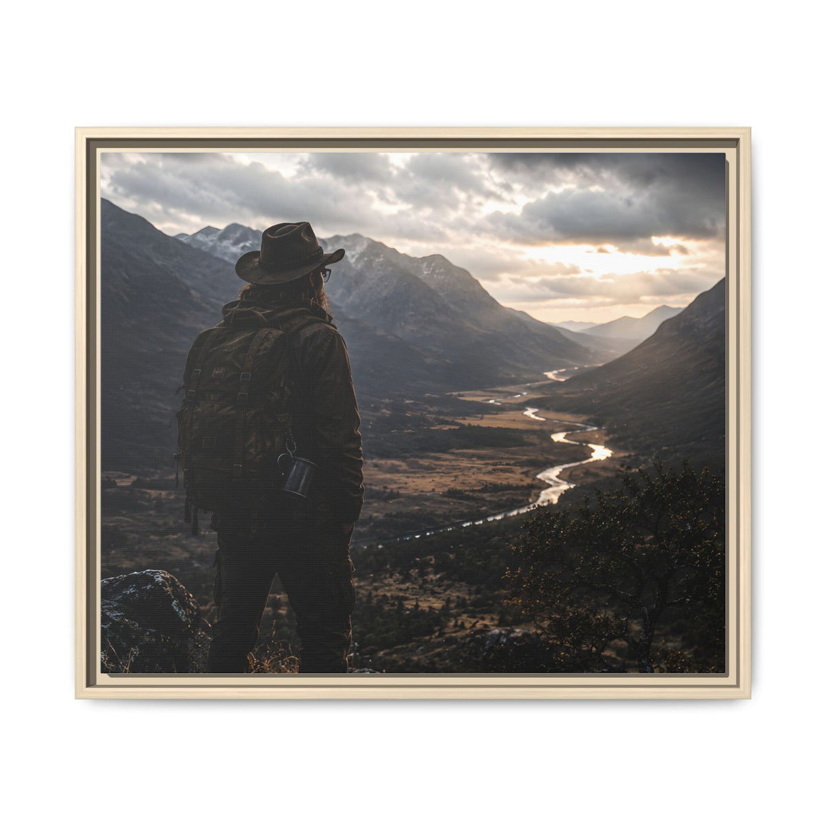 Wanderer in the Valley Matte Framed Canvas – Adventure Landscape Wall Art