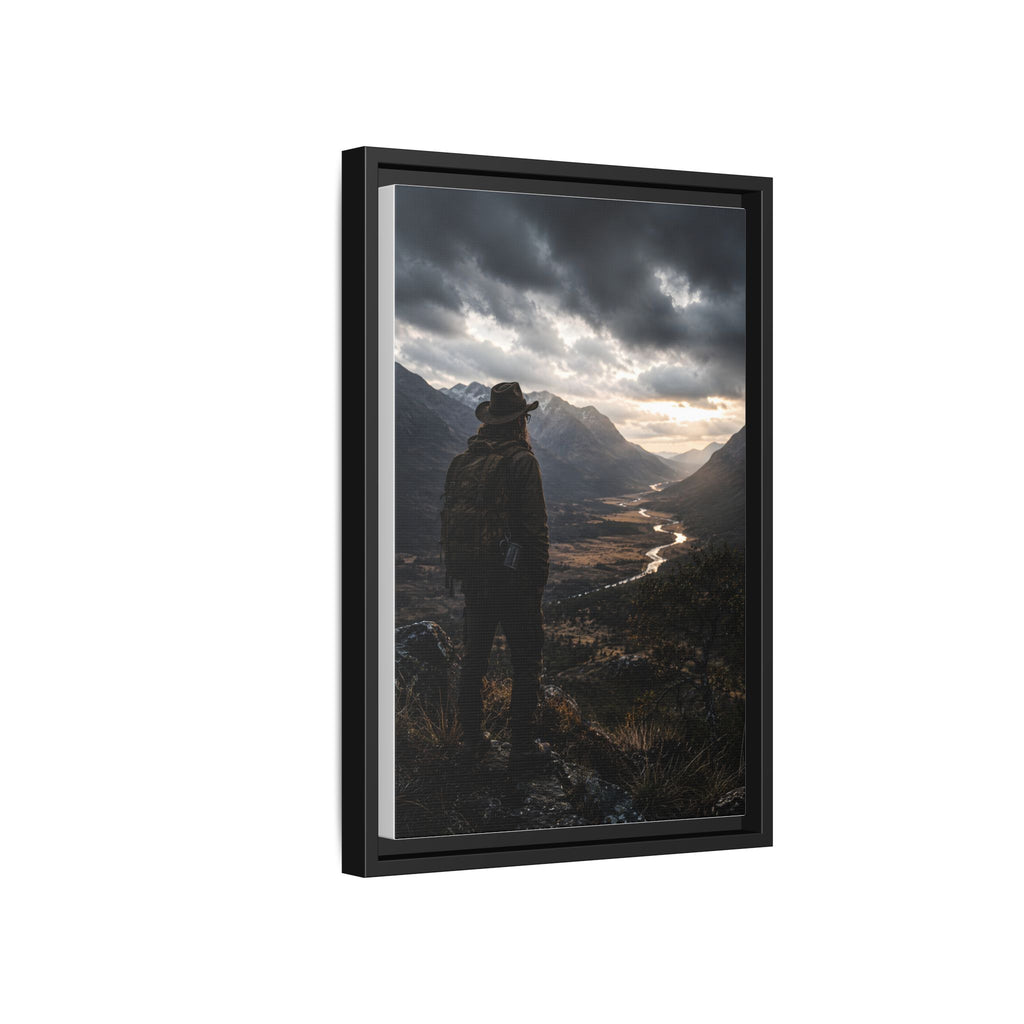 Wanderer in the Valley Matte Framed Canvas – Adventure Landscape Wall Art