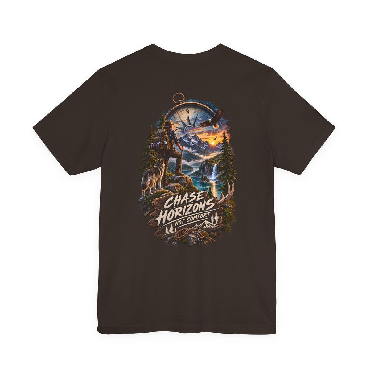 Chase Horizons Adventure T-Shirt — Scenic Back Graphic with 'Chase Horizons, Not Comfort'