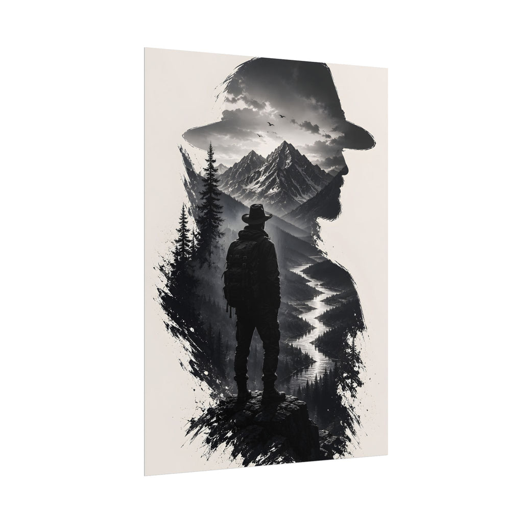 Adventure Silhouette Poster — Hiker, Mountains & River Rolled Wall Art