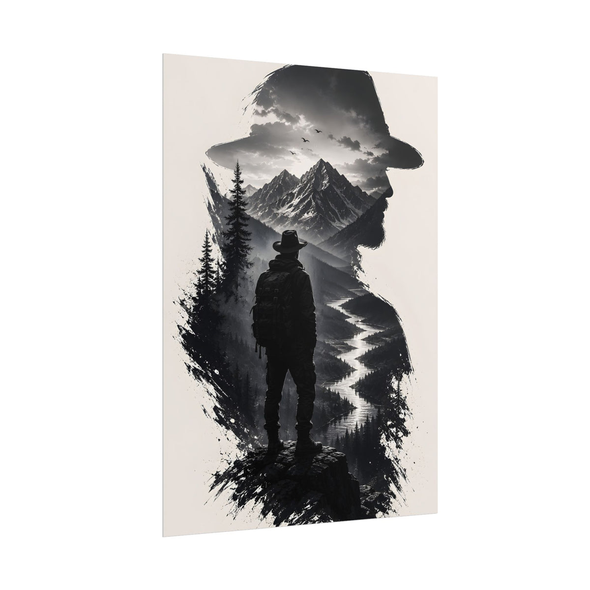 Adventure Silhouette Poster — Hiker, Mountains & River Rolled Wall Art
