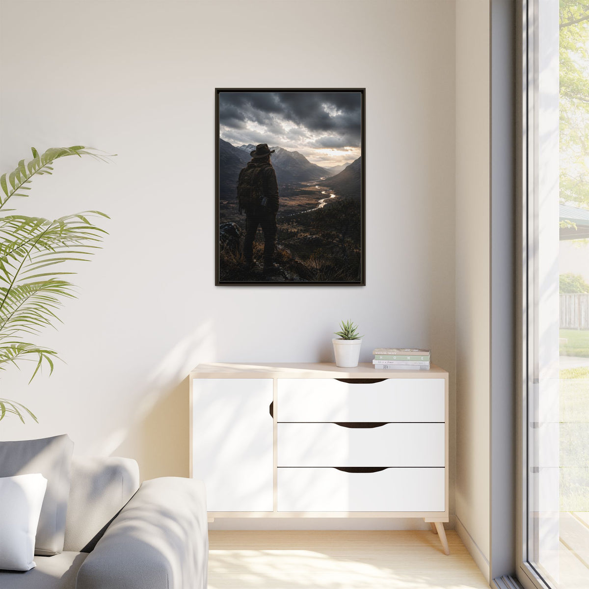 Wanderer in the Valley Matte Framed Canvas – Adventure Landscape Wall Art