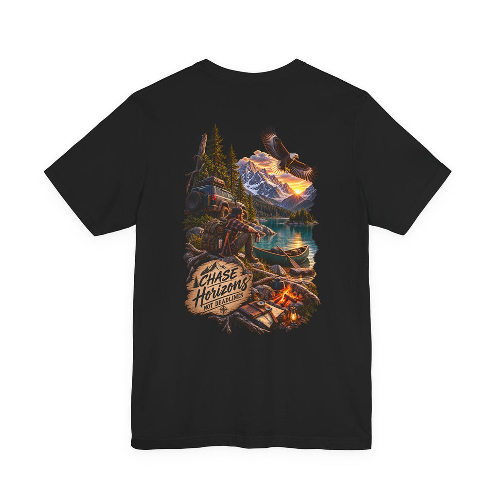 Adventure Graphic Tee — "Chase New Horizons" Mountain & Eagle Back Print