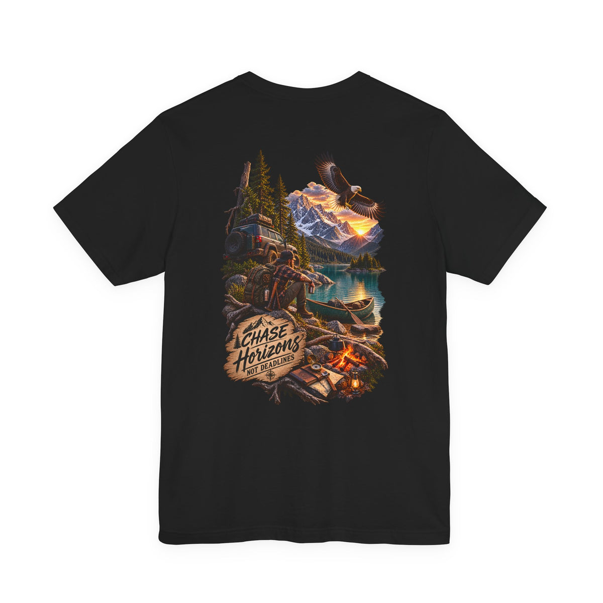 Adventure Graphic Tee — "Chase New Horizons" Mountain & Eagle Back Print