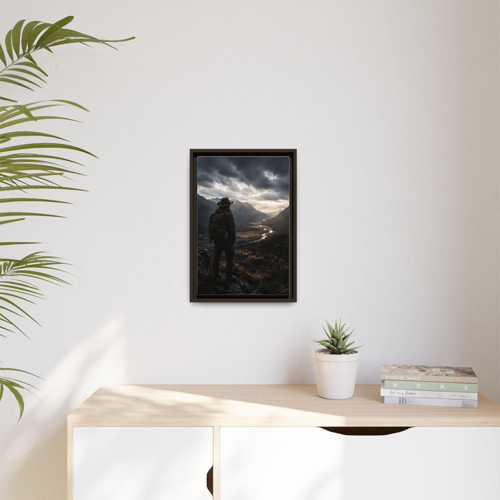 Wanderer in the Valley Matte Framed Canvas – Adventure Landscape Wall Art