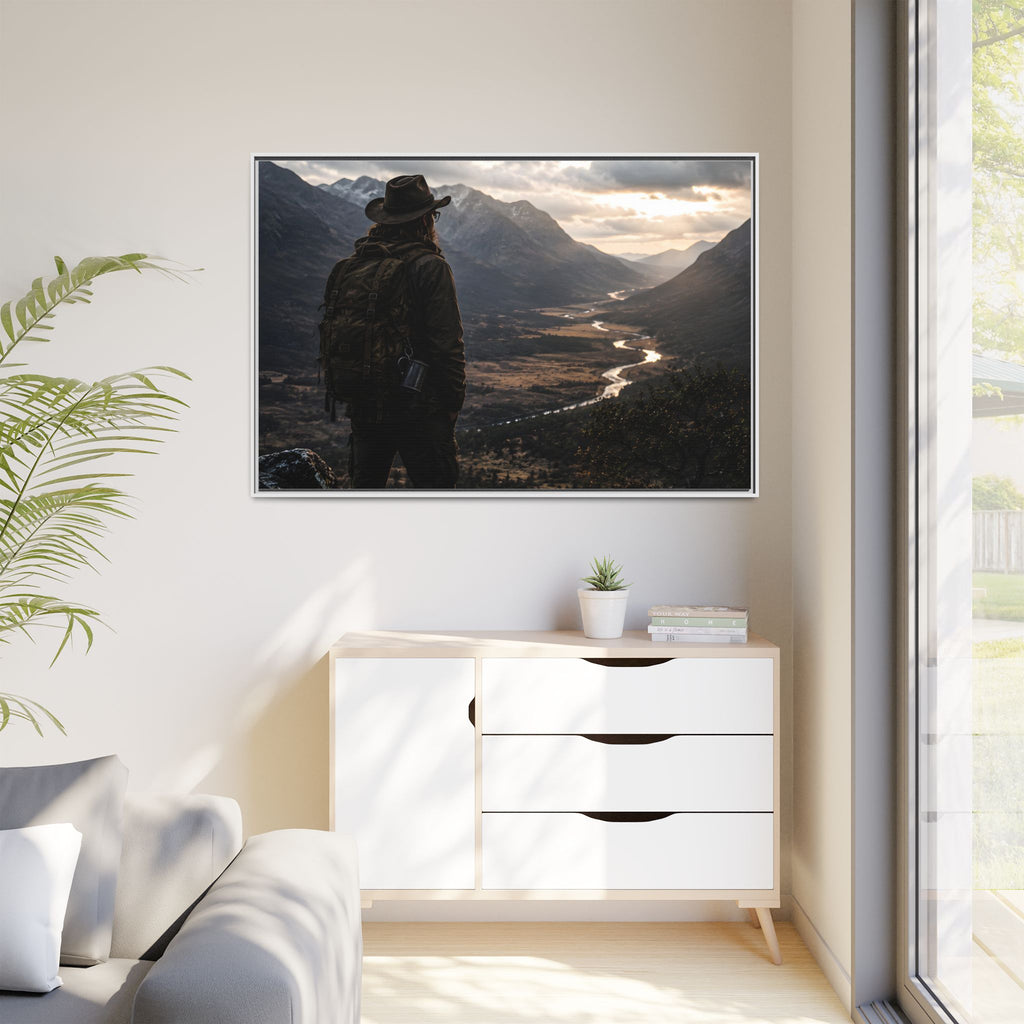 Wanderer in the Valley Matte Framed Canvas – Adventure Landscape Wall Art