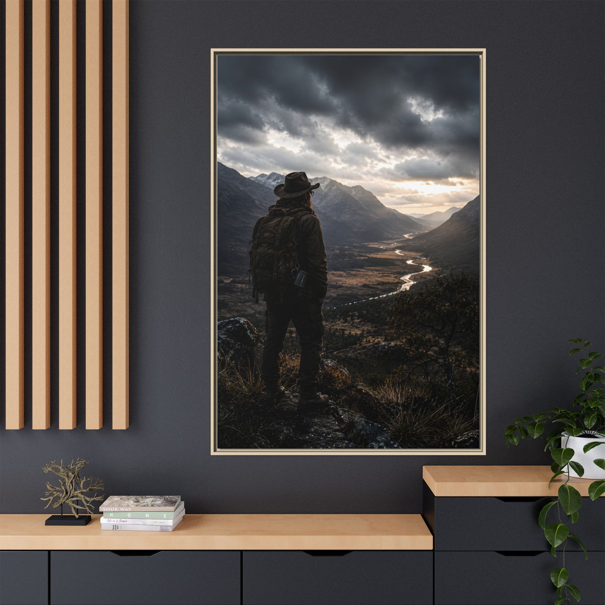 Wanderer in the Valley Matte Framed Canvas – Adventure Landscape Wall Art