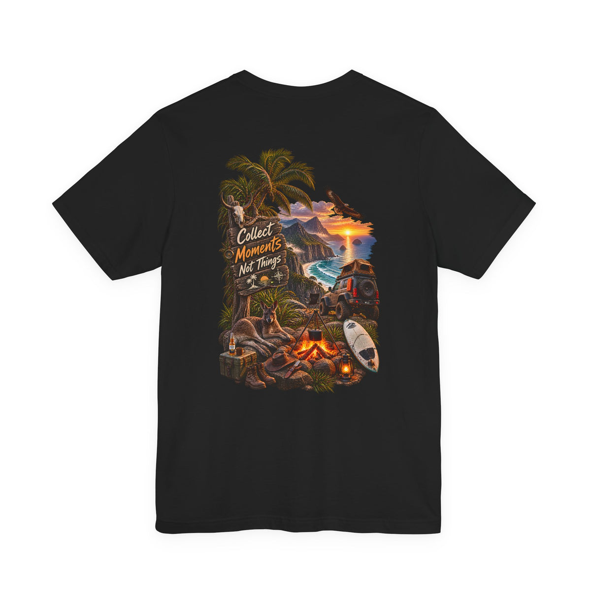 T-Shirt — "Collect Moments Not Things" Tropical Beach Camping Graphic Tee