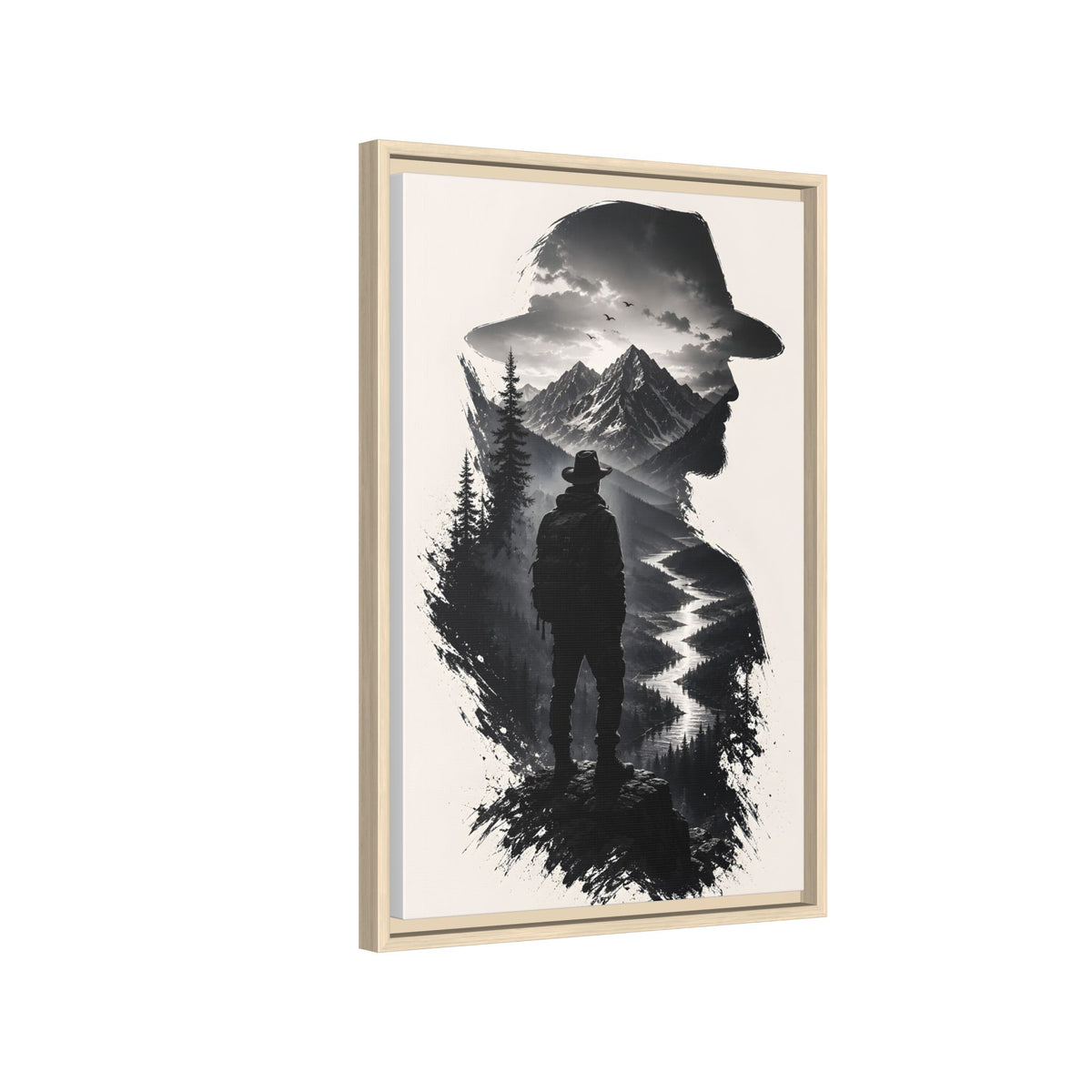 Adventure Silhouette Matte Canvas Framed Print — Mountain Hiker Double Exposure Wall Art