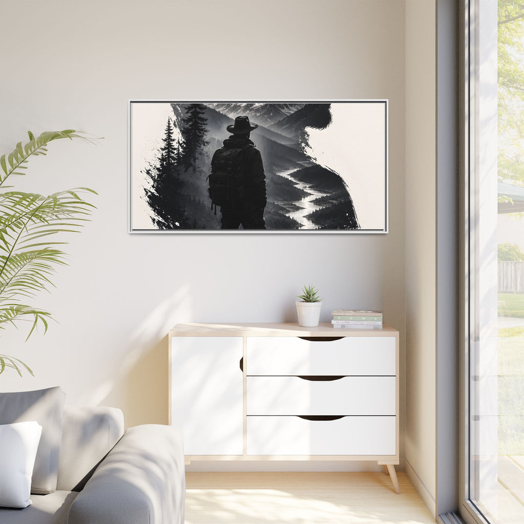 Adventure Silhouette Matte Canvas Framed Print — Mountain Hiker Double Exposure Wall Art