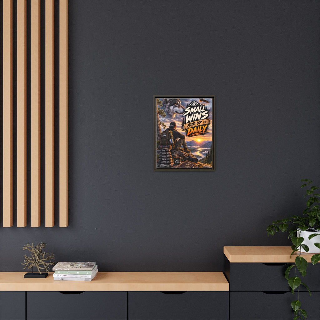 Small Wins Add Up Daily Framed Canvas Wall Art — Motivational Hiking Print