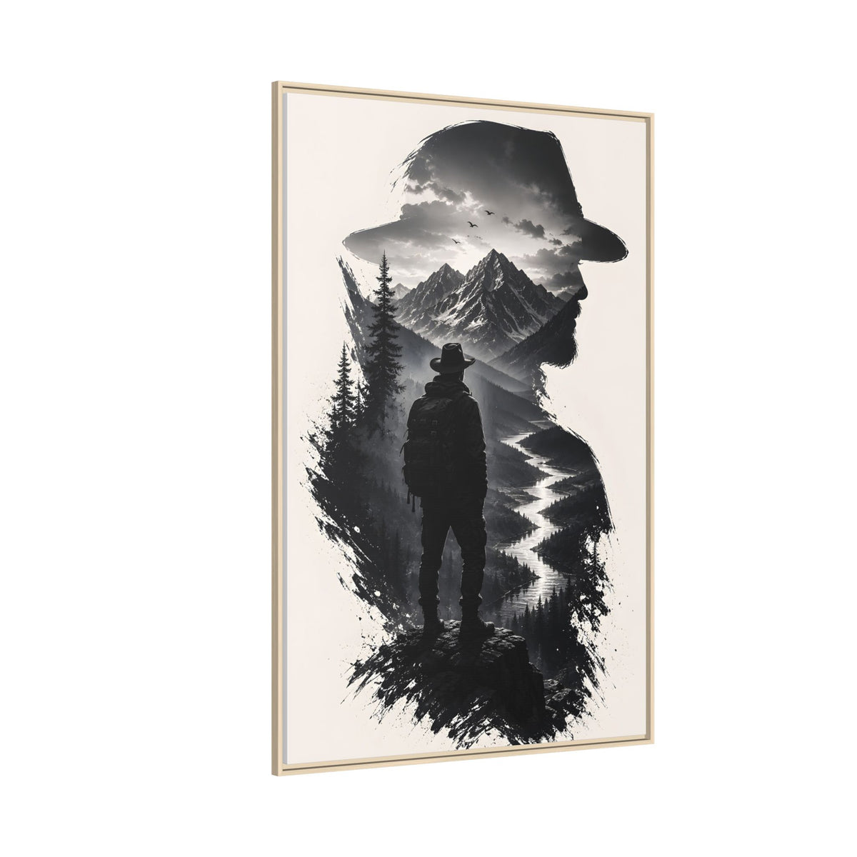 Adventure Silhouette Matte Canvas Framed Print — Mountain Hiker Double Exposure Wall Art