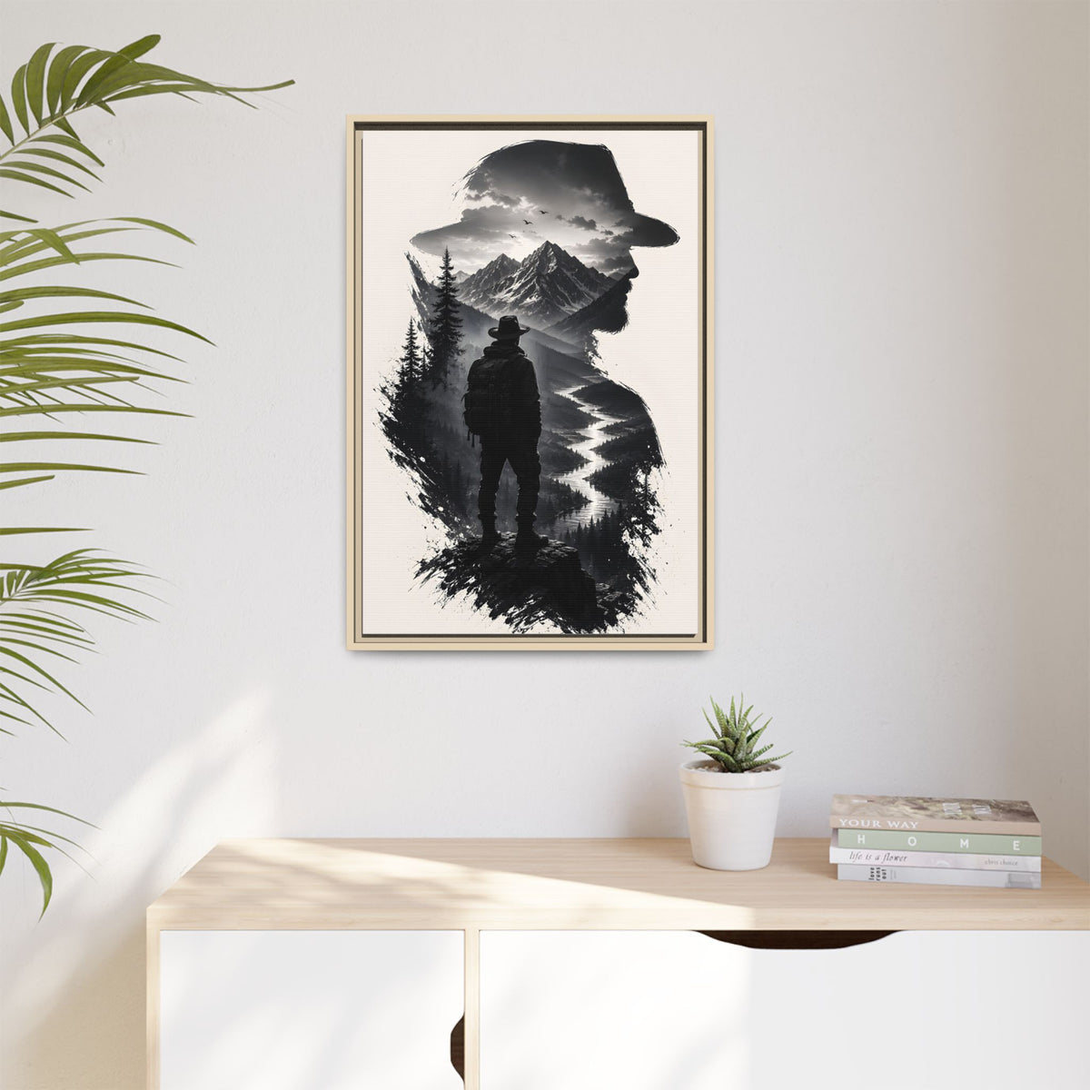Adventure Silhouette Matte Canvas Framed Print — Mountain Hiker Double Exposure Wall Art