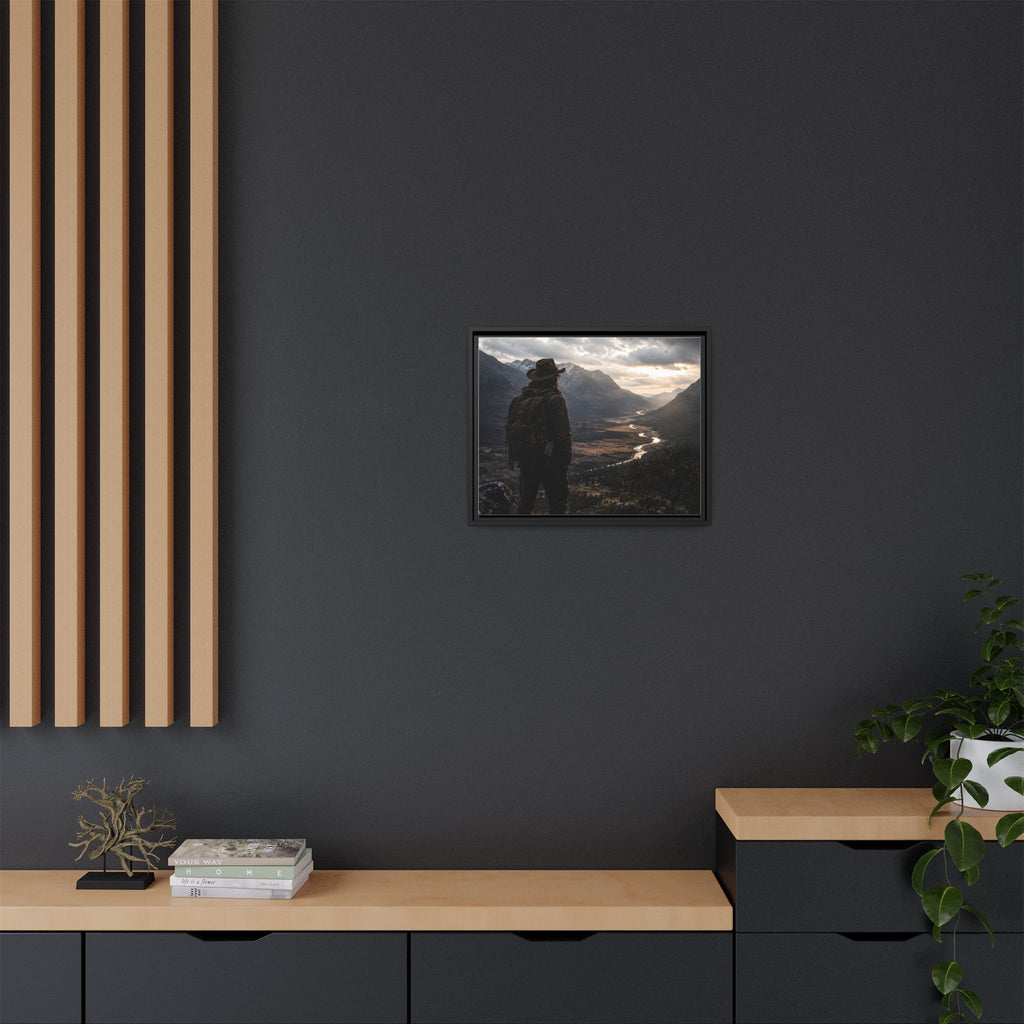 Wanderer in the Valley Matte Framed Canvas – Adventure Landscape Wall Art