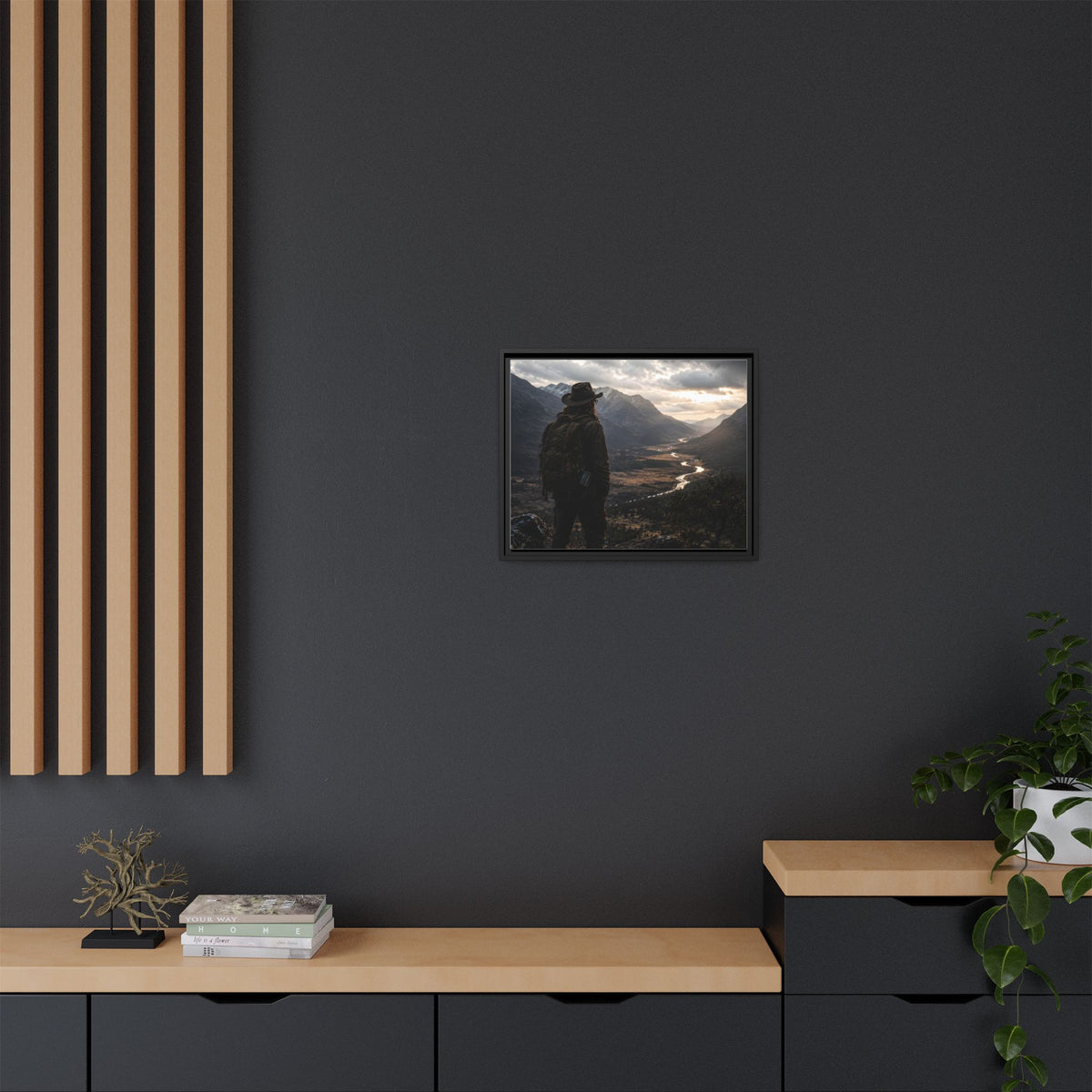 Wanderer in the Valley Matte Framed Canvas – Adventure Landscape Wall Art