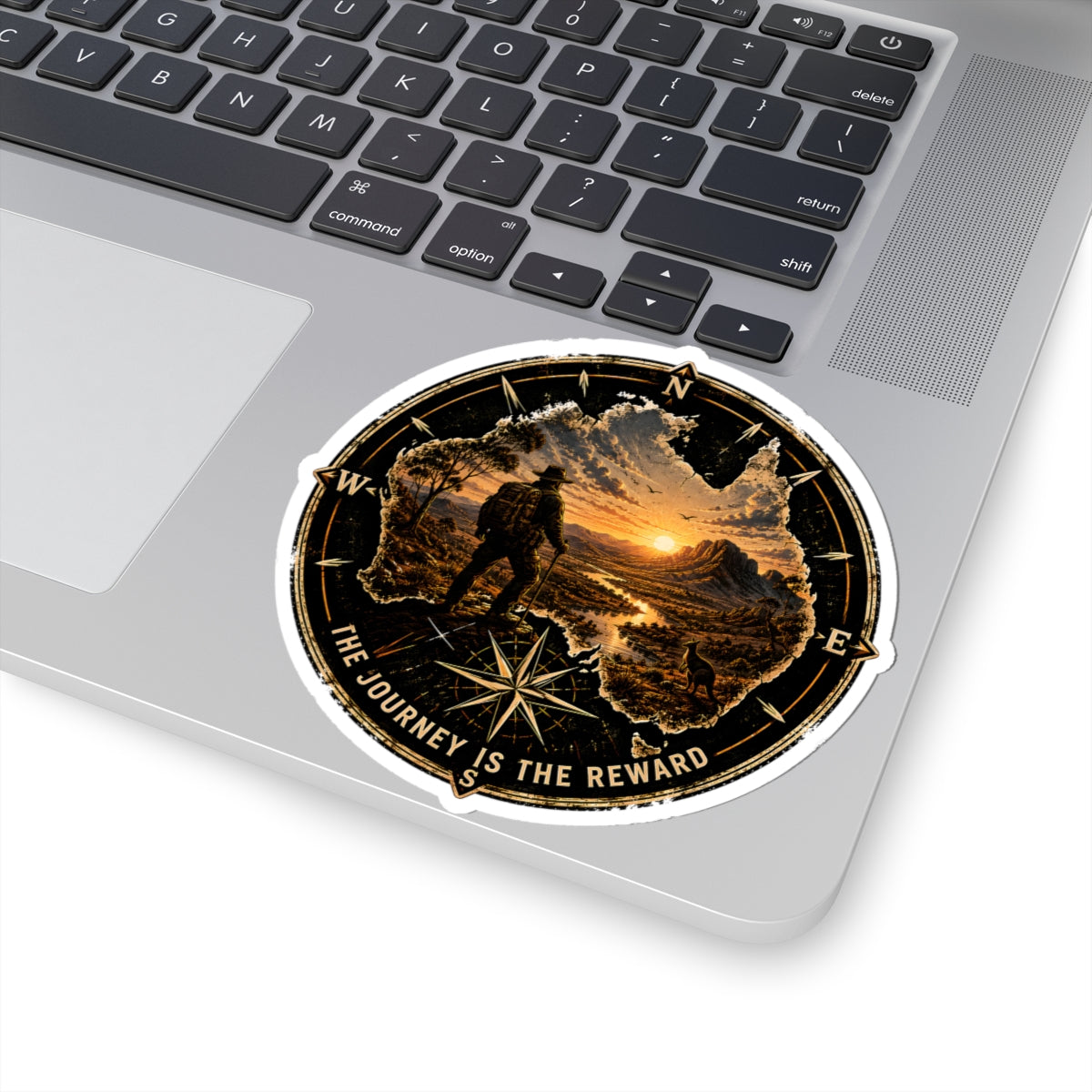 Adventure Compass Sticker — “The Journey Is The Reward” Outdoor Travel Kiss-Cut Decal