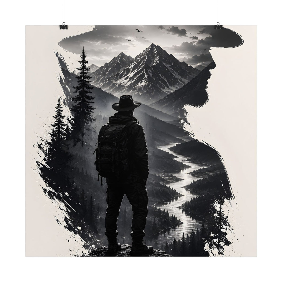 Adventure Silhouette Poster — Hiker, Mountains & River Rolled Wall Art