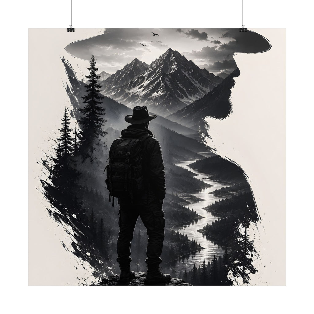 Adventure Silhouette Poster — Hiker, Mountains & River Rolled Wall Art