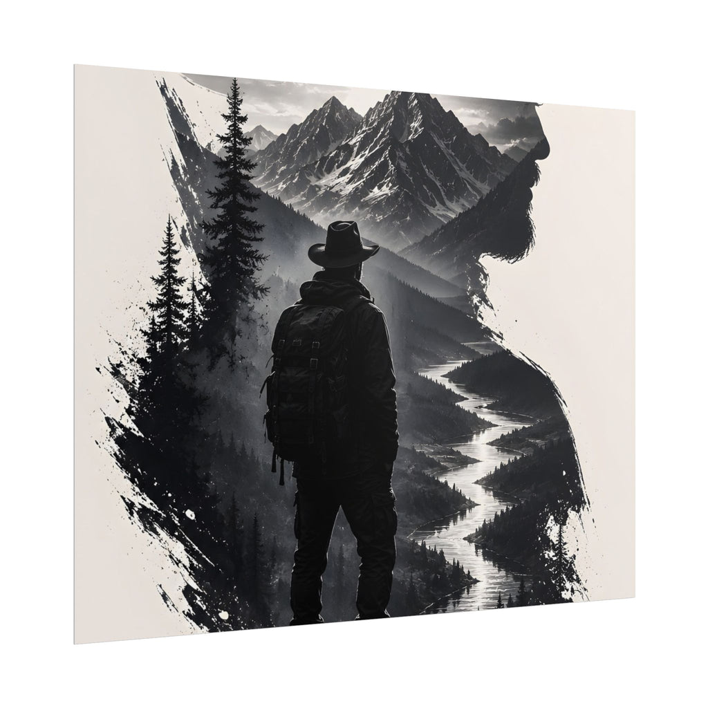 Adventure Silhouette Poster — Hiker, Mountains & River Rolled Wall Art