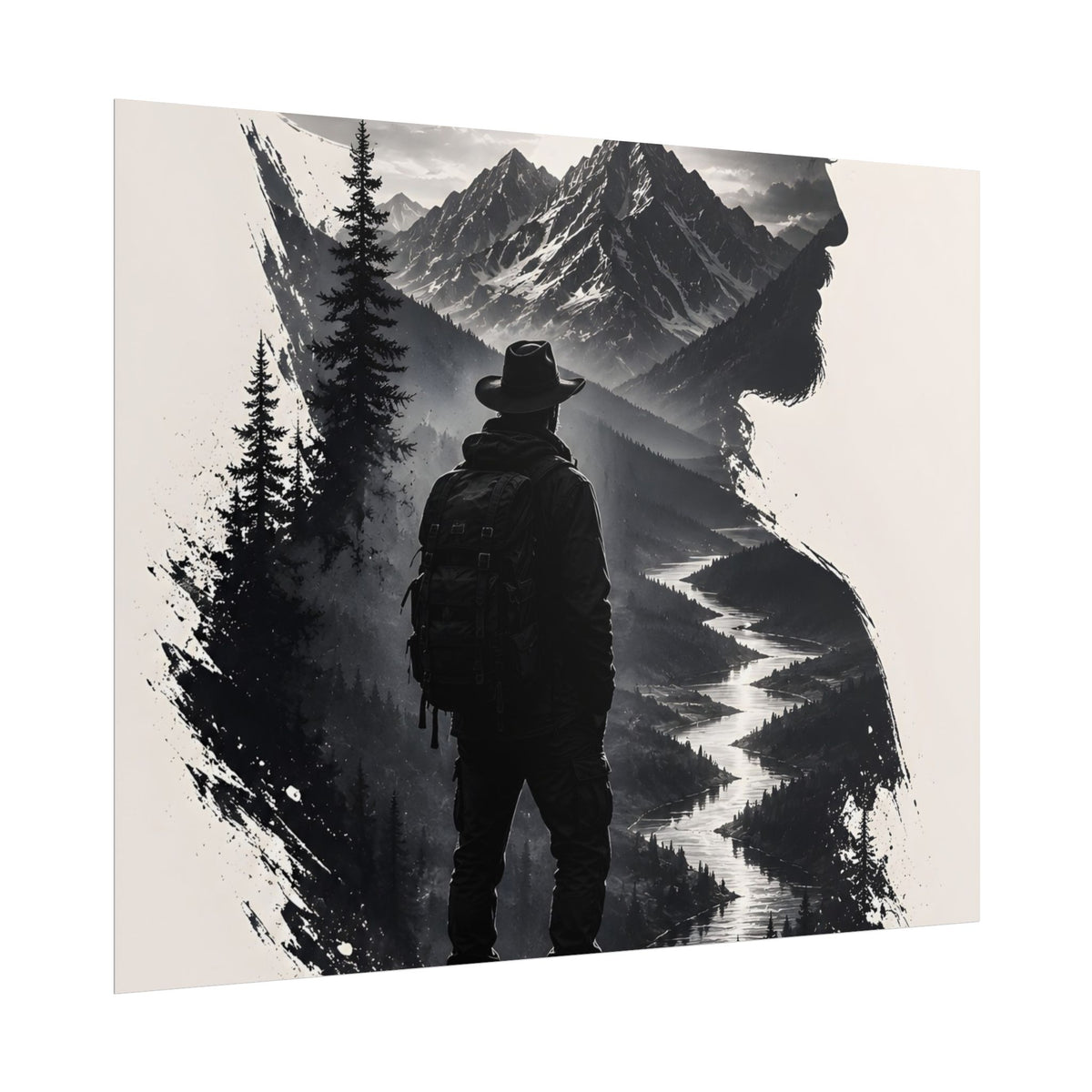Adventure Silhouette Poster — Hiker, Mountains & River Rolled Wall Art